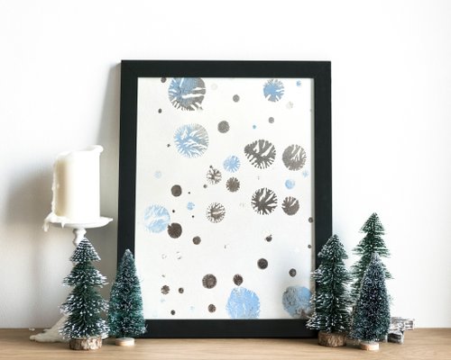 daashart Monotype print Blue silver abstract snowflakes Holiday winter wall art Christmas