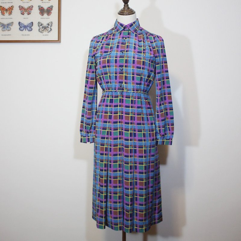 （Vintage Vintage vintage dress）ブルーチェック長袖ドレスF3505 - ワンピース - その他の化学繊維 ブルー