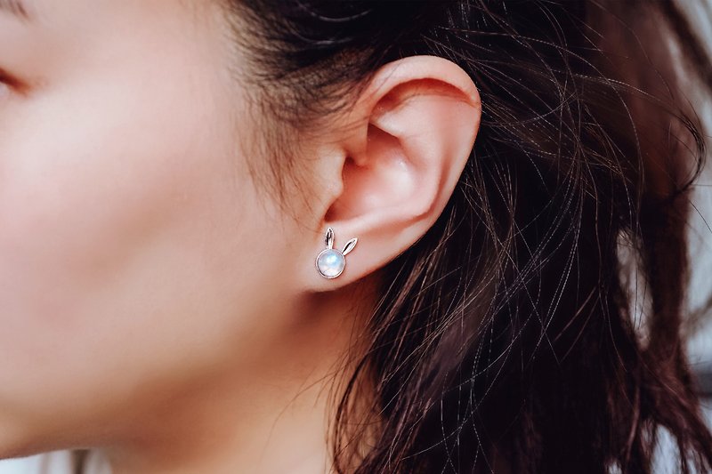 Gemstone Earrings & Clip-ons White - Moonstone Rabbit Bunny Sterling Silver Stud Earrings