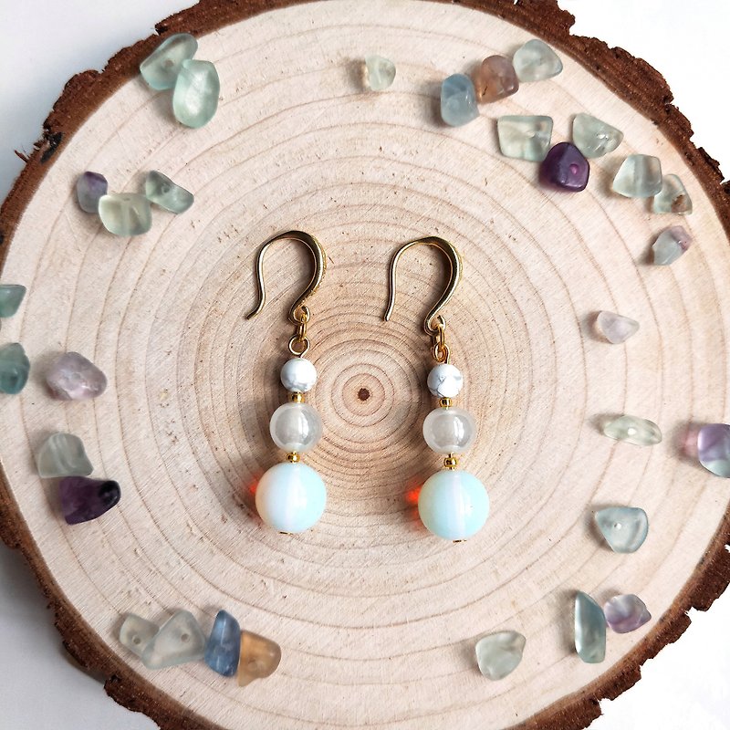 Stone-Natural Stone Bead String Earrings White Stone, Glazed Opal - ต่างหู - เครื่องประดับพลอย ขาว