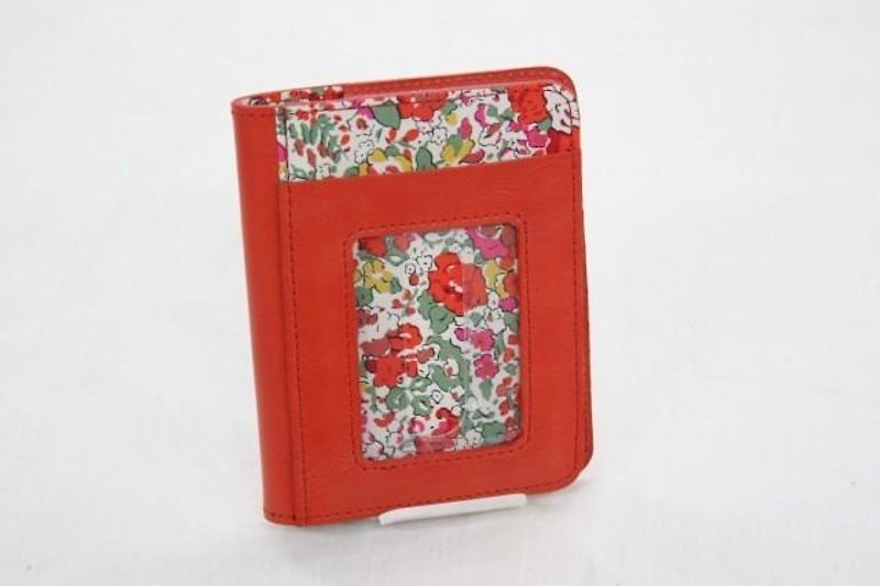 Genuine cow leather and Liberty print pass card case red - ที่ใส่บัตรคล้องคอ - หนังแท้ สีแดง
