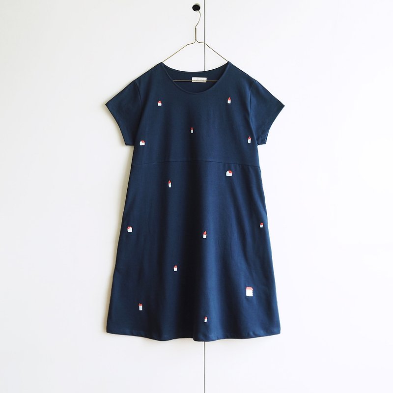 小さなハウスドレス：ネイビー - ワンピース - コットン・麻 ブルー