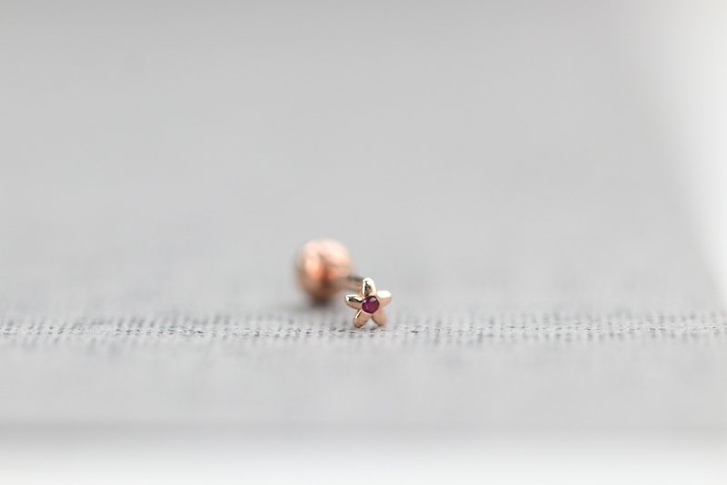 Pure 14K Ruby Star Piercing Star Ruby Lock Bead Earrings (Single) - Earrings & Clip-ons - Precious Metals Gold