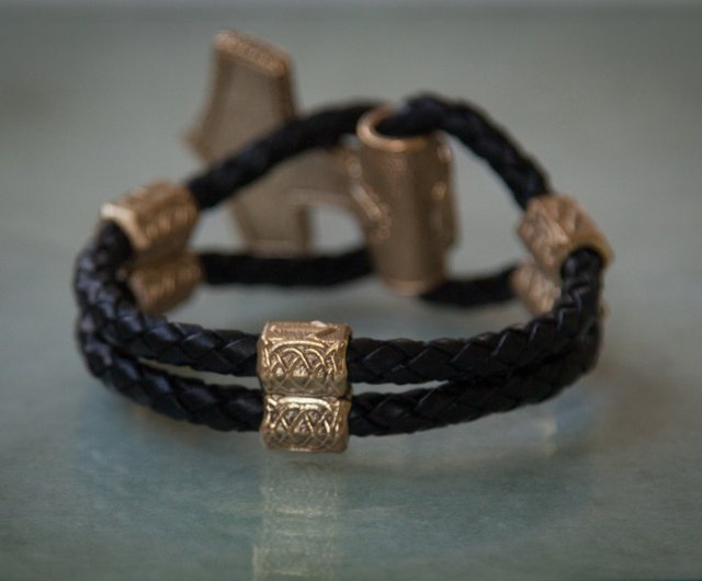  Mjolnir Thor's Hummer Black Leather Viking Bracelet