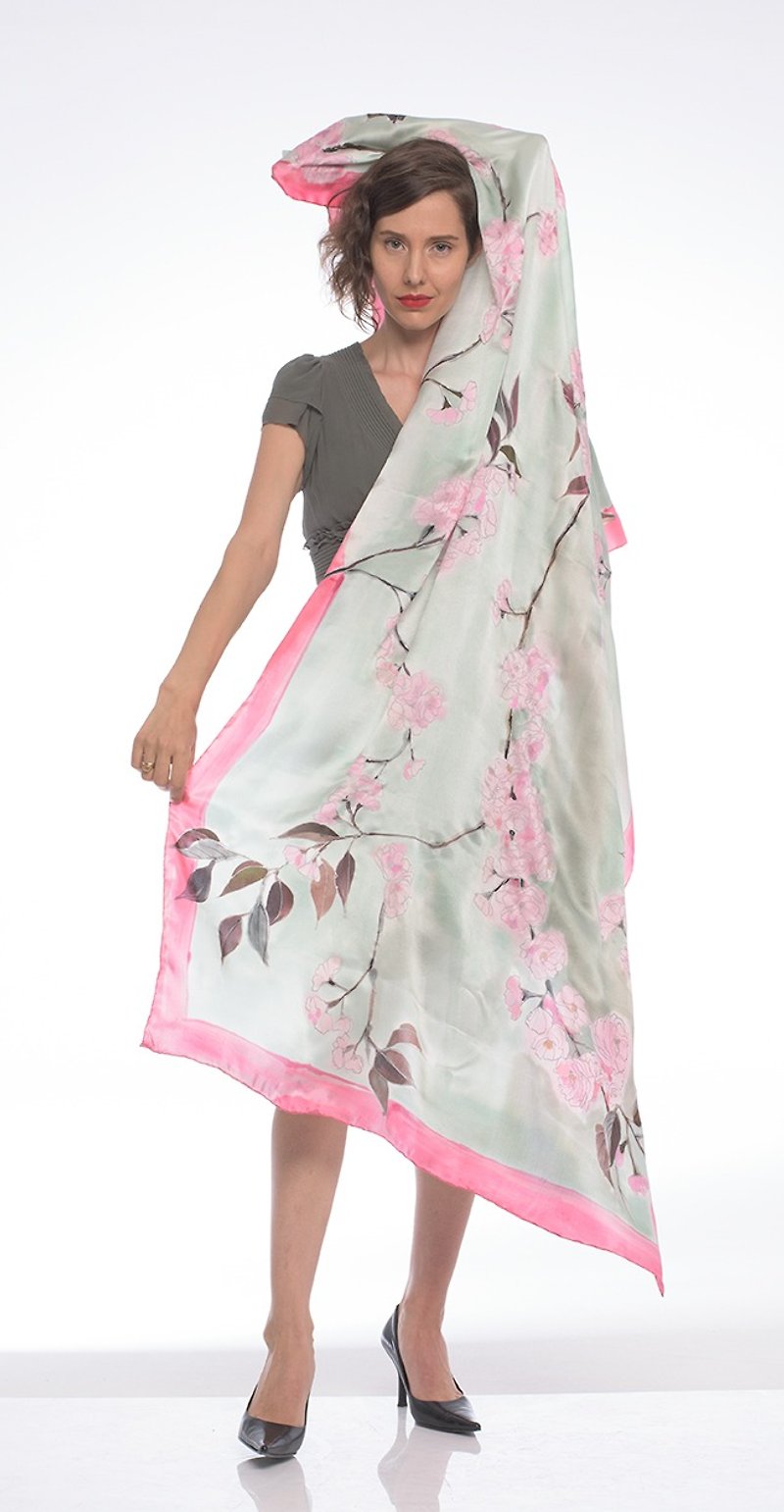 Silk satin shawl- Cherry Blossom/ Floral wrap/ - Scarves - Silk Pink