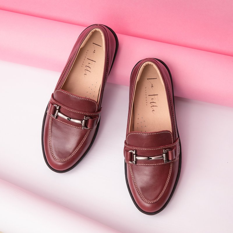 Silver Buckle Loafers_ Wine Red - Women's Oxford Shoes - Genuine Leather Red