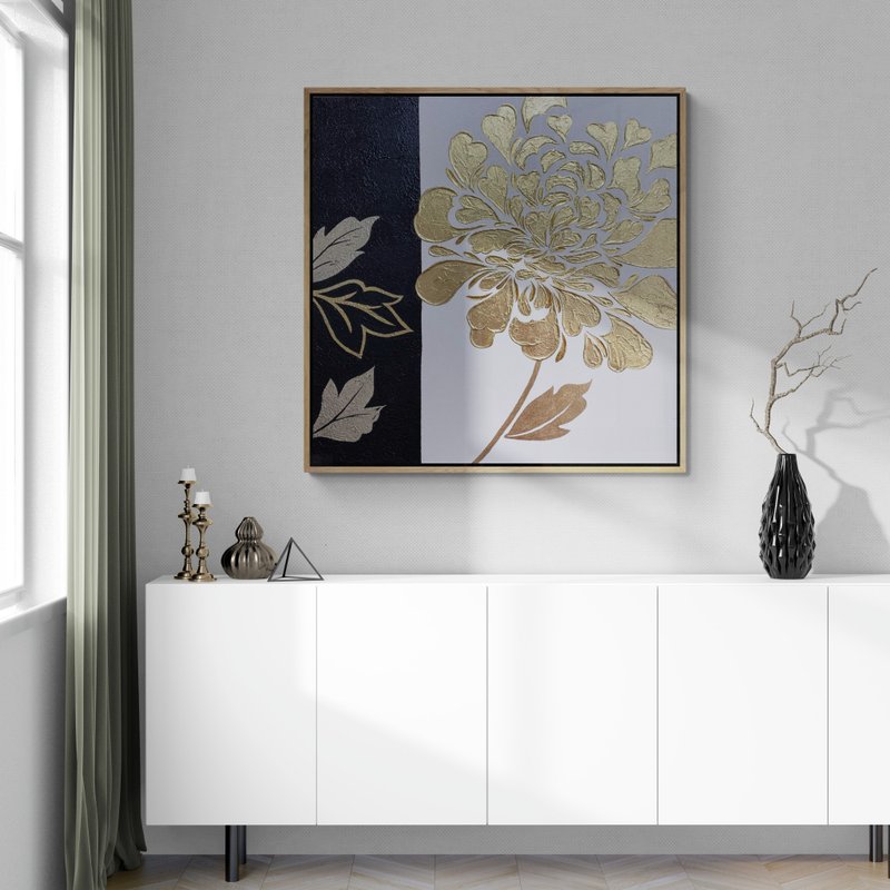 Abstract Large Gold Flower oil painting on canvas decor for living room - ตกแต่งผนัง - ผ้าฝ้าย/ผ้าลินิน สีดำ