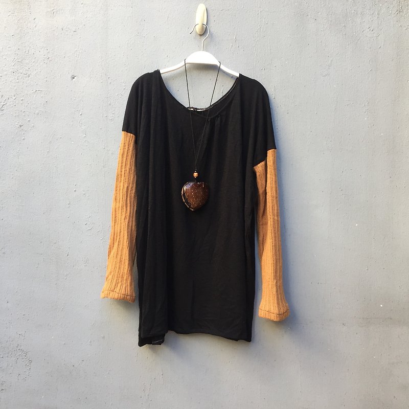 //Nail removal//Splicing top_Black coffee churros long sleeves - Women's Tops - Paper Black