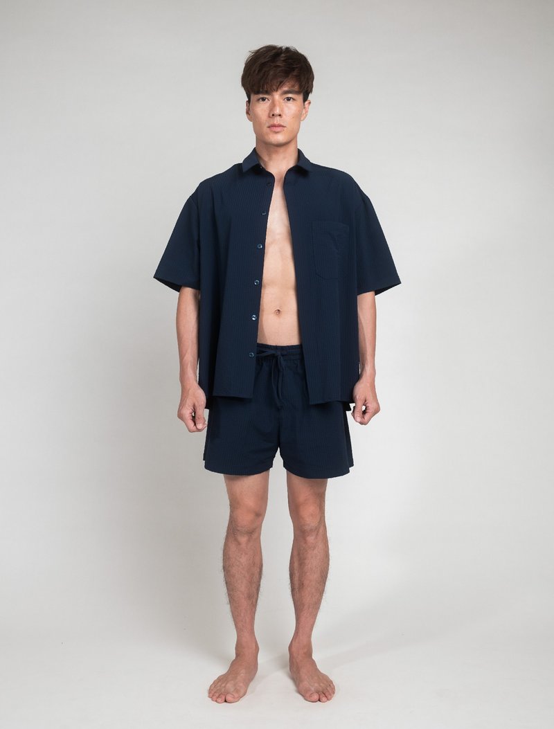Dark Blue 深海藍 / 泡泡紗 落肩度假襯衫 - 男襯衫/休閒襯衫 - 其他材質 藍色