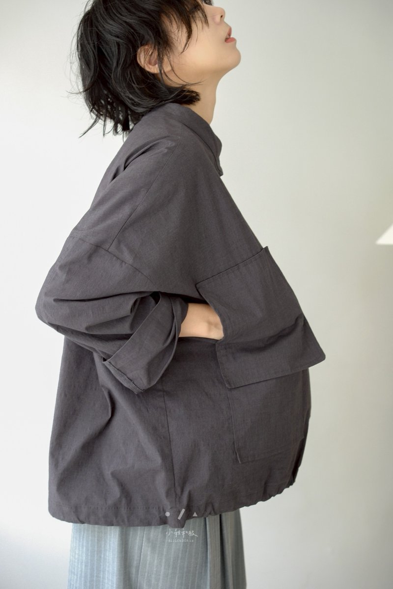 小我獨家 威廉灰小方領口袋中性襯衫 - 女襯衫 - 棉．麻 灰色