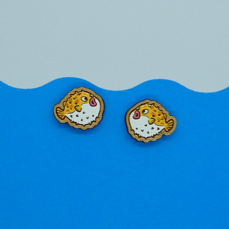 Painted wood earrings-Puffer fish (yellow) - Earrings & Clip-ons - Wood Yellow