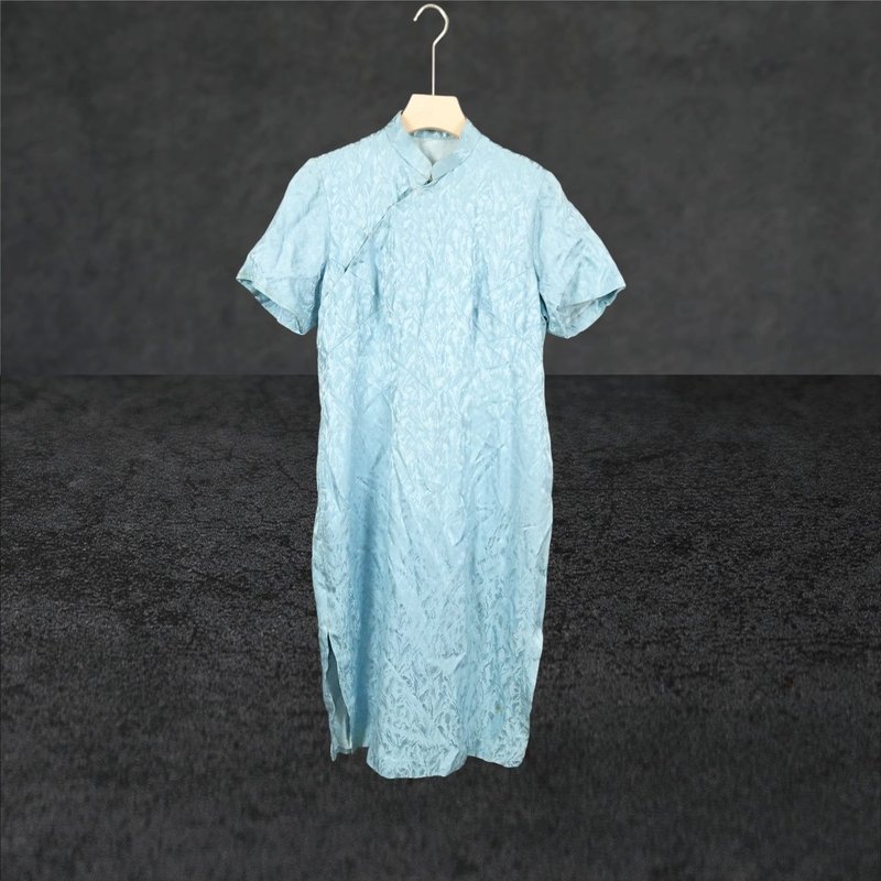 Second-hand aqua blue water pattern antique custom-made short-sleeved cheongsam CA0803 - ชุดเดรส - เส้นใยสังเคราะห์ สีน้ำเงิน