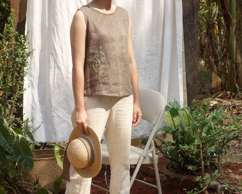 Sleeveless linen shirt dyed ebony brown. Brown grass flowers embroidery. - Women's Tops - Cotton & Hemp Brown