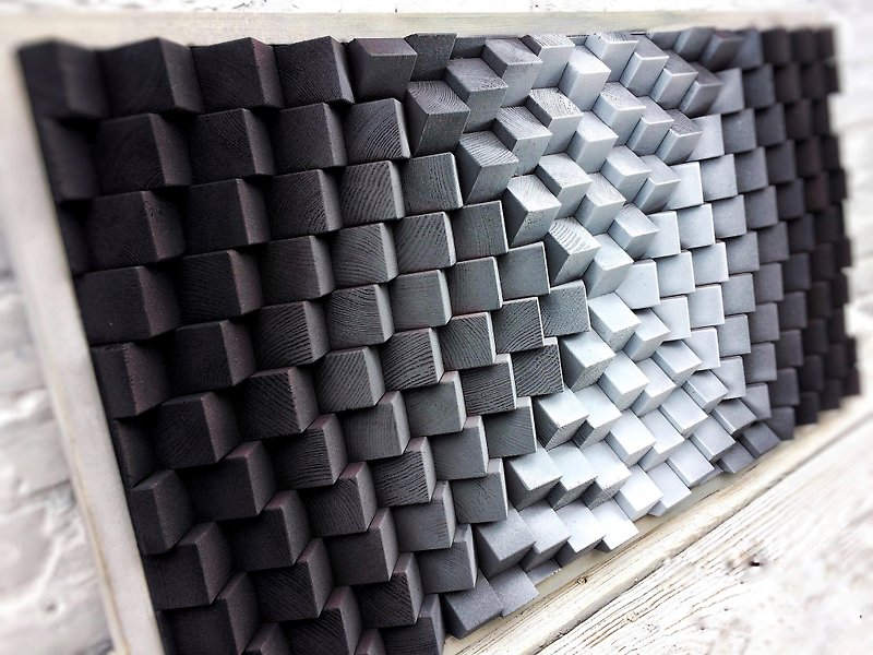 ウッド ウォール アート - 幾何学模様 ブラック ホワイト モダン アート - 3D アコースティック サウンド ディフューザー - ウォールデコ・壁紙 - 木製 