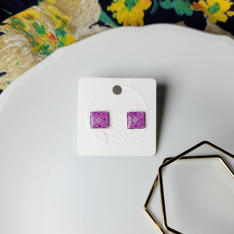 Old Taiwan Tiles Window Grills Pattern Handmade Hand Painted Earrings - Earrings & Clip-ons - Stainless Steel Purple