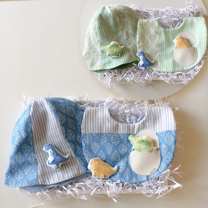 Lucky bag/set of 2 dinosaur eggs full moon gift box (including 1 hat, 1 bib, 3 dinosaurs - ของขวัญวันครบรอบ - ผ้าฝ้าย/ผ้าลินิน สีน้ำเงิน