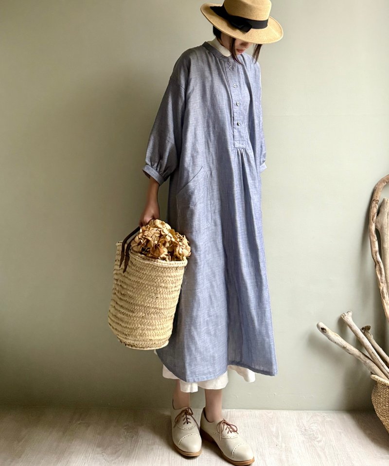小森林/雙層棉紗全棉小立領開襟長袖長板洋裝/連身裙 - 洋裝/連身裙 - 棉．麻 