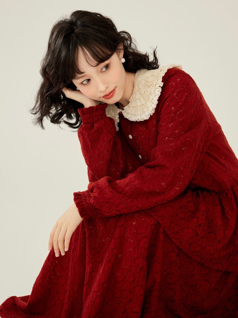 Rouge Hua Zhu retro manor atmosphere wool shirt skirt two-piece suit - Other - Wool Red