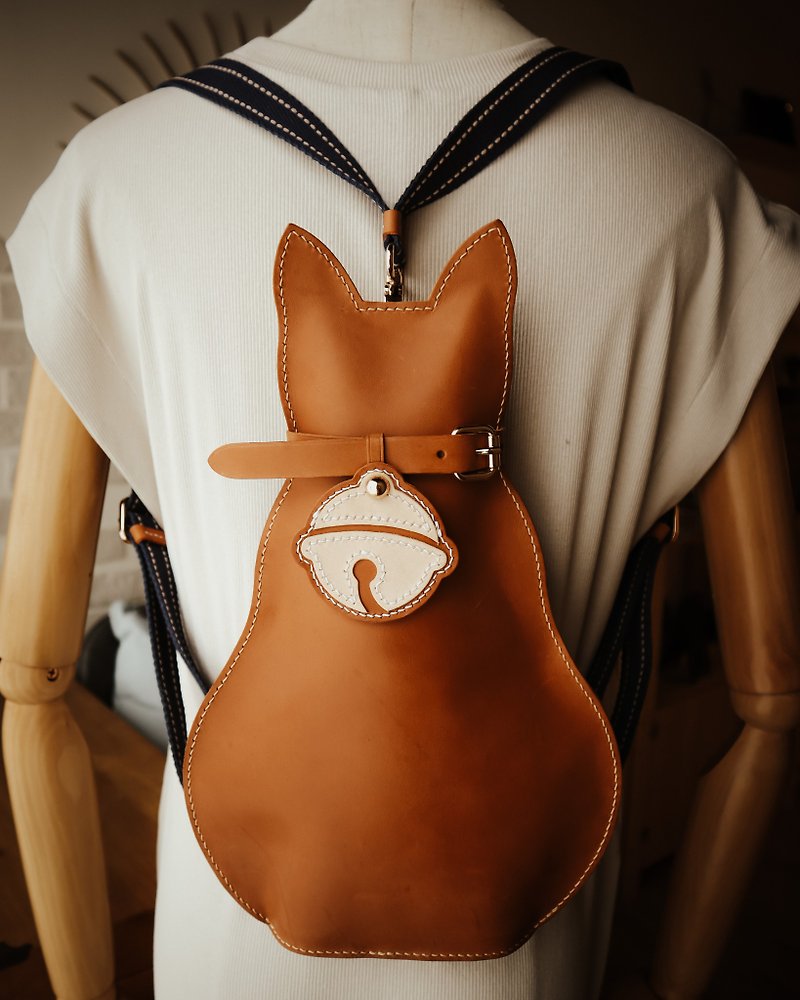 Leather made by me || Leather multifunctional cat backpack with bell sensor card holder || Handmade cat bag - Backpacks - Genuine Leather 