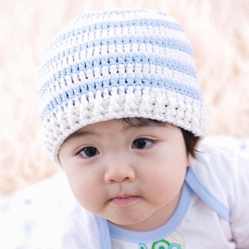 Cutie Bella hand-knitted hat Stripe-Cream/Blue - หมวกเด็ก - ผ้าฝ้าย/ผ้าลินิน ขาว