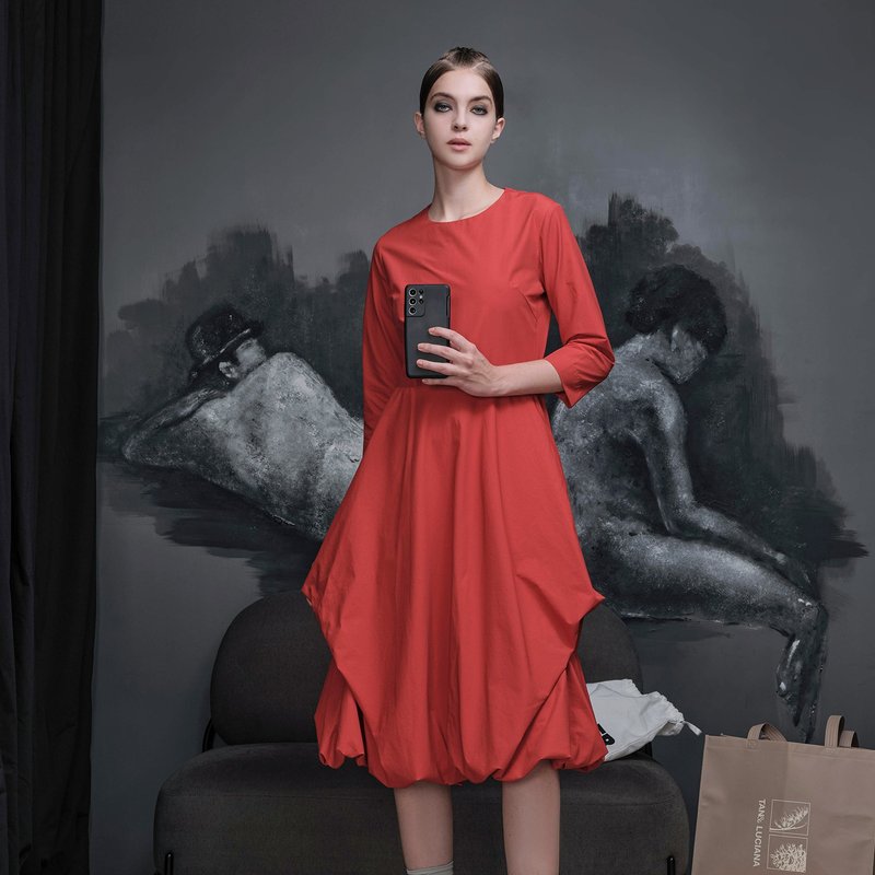 Attitude puffed three-quarter sleeve dress - ชุดเดรส - ผ้าฝ้าย/ผ้าลินิน สีแดง