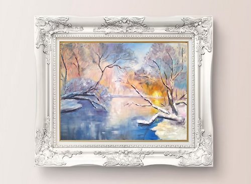 DCS-Art Winter landscape sunrise over water oil original painting large size wall décor