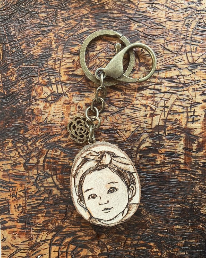 Log burning/customized portrait burning engraved camphor wood key ring/custom/gift - Keychains - Wood Brown