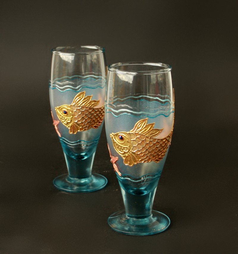 GoldFish Glasses Blue, Starfish, Shell, Set of 2 Hand Painted - 酒杯/酒器 - 玻璃 金色