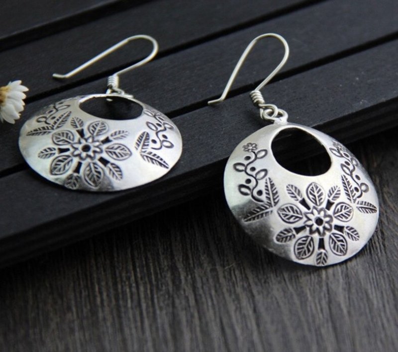 Real S 925 Sterling Silver Exotic Handmade Carved Flowers Dangle Earrings - Earrings & Clip-ons - Sterling Silver Silver