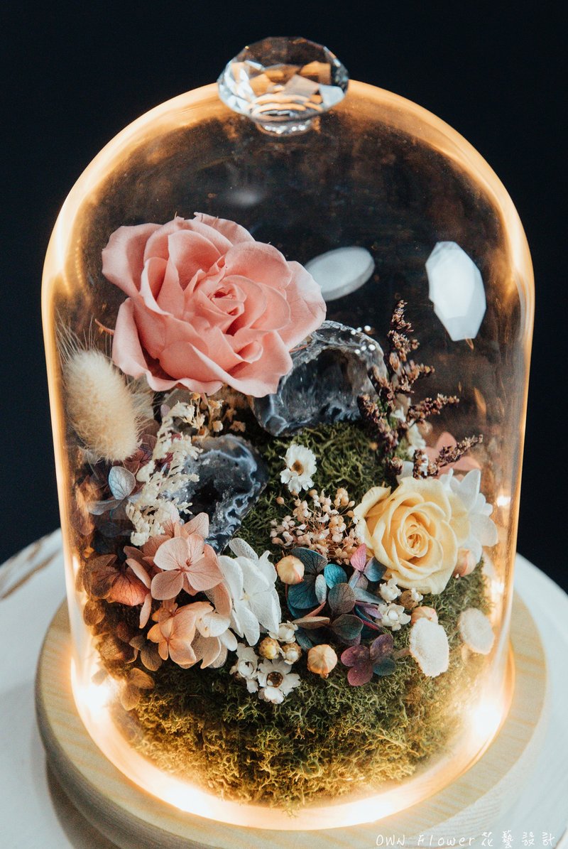 瑪瑙水晶洞/雷公蛋水晶/水晶不凋花玻璃盅/水晶不凋花玻璃罩/夜燈 - 燈具/燈飾 - 水晶 粉紅色