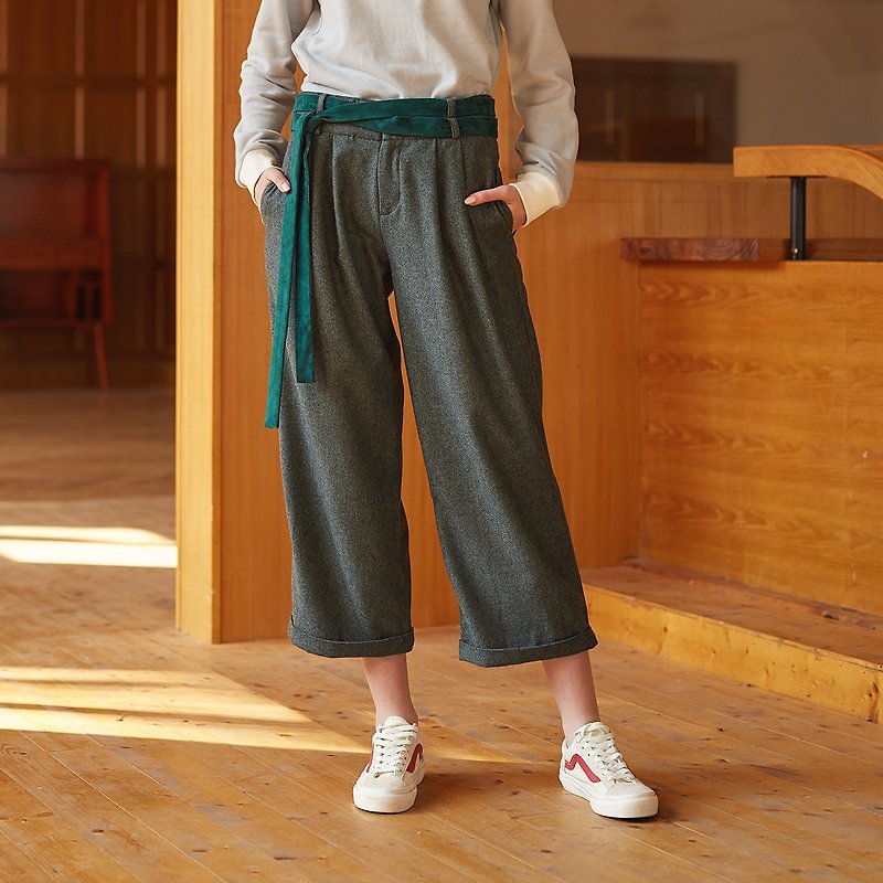 Grass gray green wool wide leg pants - Women's Pants - Paper Green