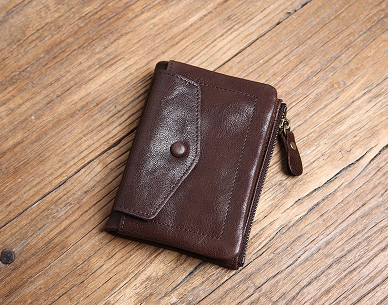 牛皮簡約短款錢夾 折疊錢包男女生 - 錢包/皮夾/長短夾 - 真皮 咖啡色
