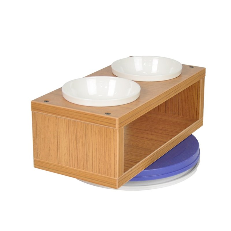 【MOMOCAT】Double-Port Dining Table Ant-proof Mat Set Gold Teak Color Bowl Rack with Porcelain Bowl - Pet Bowls - Wood 
