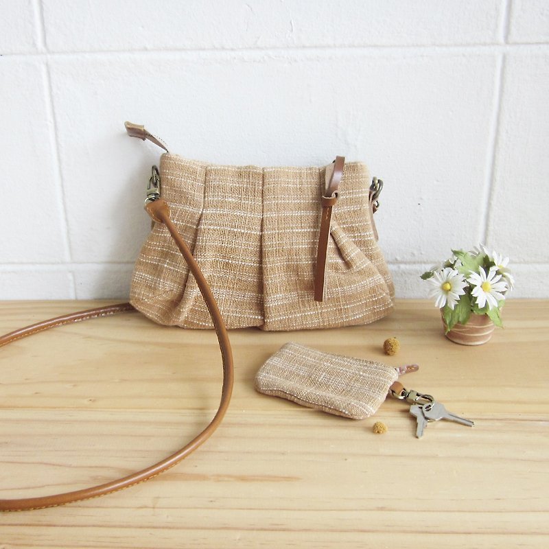 Goody Bag / A Set of Cross-body Bags Mini Skirt XS with Little Coin Bag in Natural-Tan Color Cotton - 側背包/斜孭袋 - 棉．麻 橘色