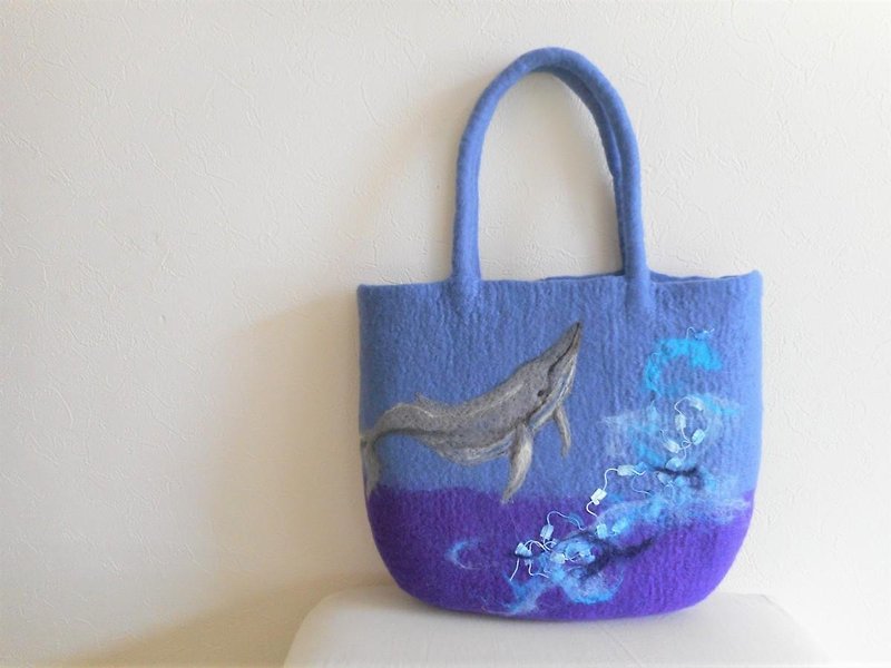 クジラとクラゲのバッグ - 手袋/手提袋 - 羊毛 藍色