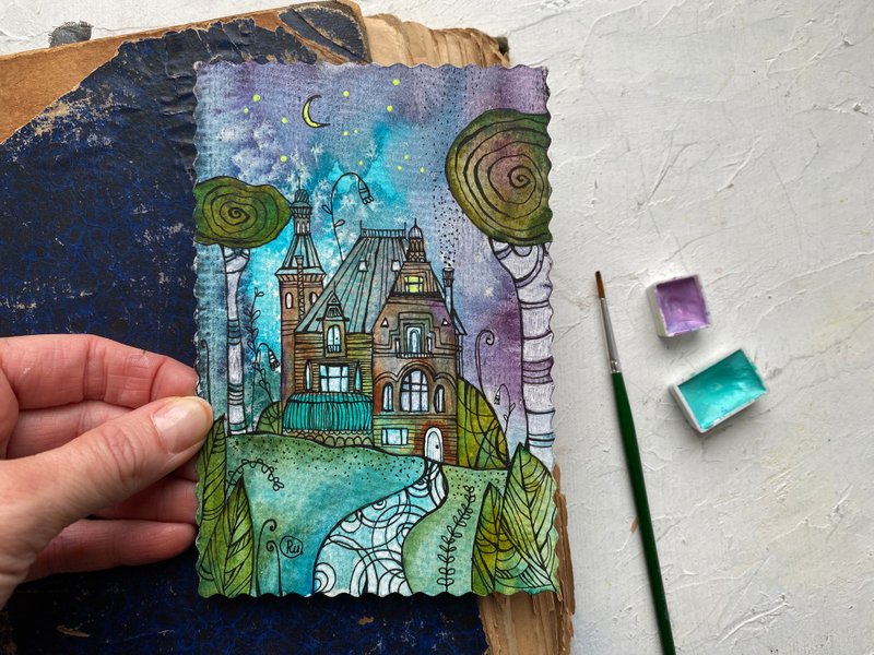 Mansion painting Mini Original watercolor card Night artwork Miniature art - โปสเตอร์ - กระดาษ หลากหลายสี