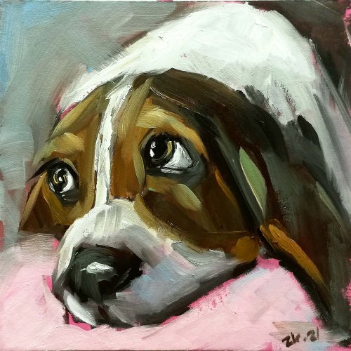 油絵　専用　窓からパパを見送る犬 油絵 専用 窓からパパを見送る犬