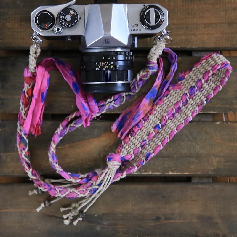 Tie Dye Dyed Surrey Ribbon hemp string hemp camera strap / double ring - ขาตั้งกล้อง - ผ้าฝ้าย/ผ้าลินิน สึชมพู