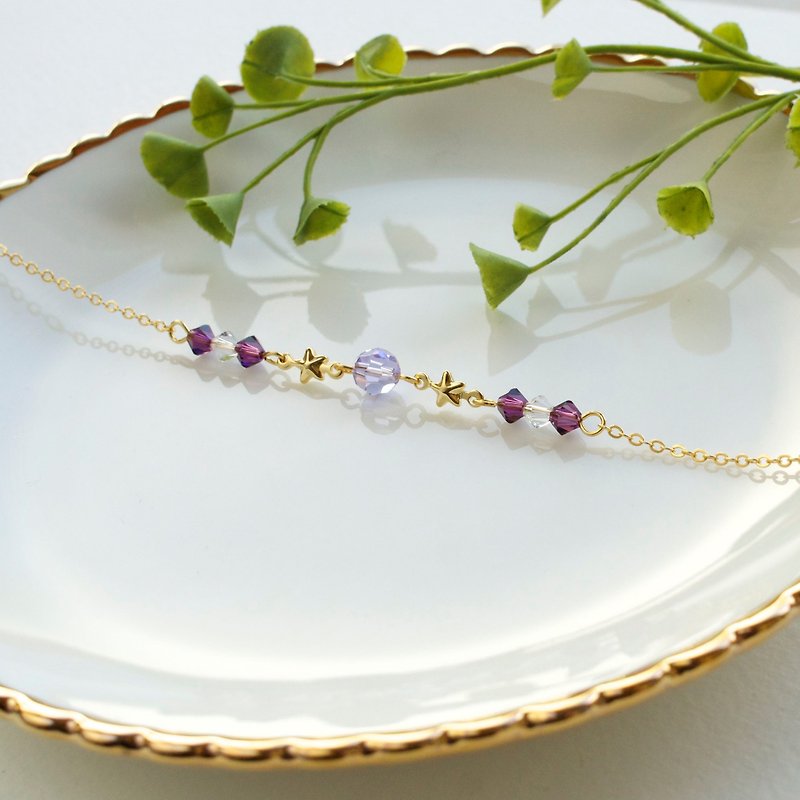 Gold plated stars & Swarovski violet crystal bracelet - Bracelets - Gemstone Purple