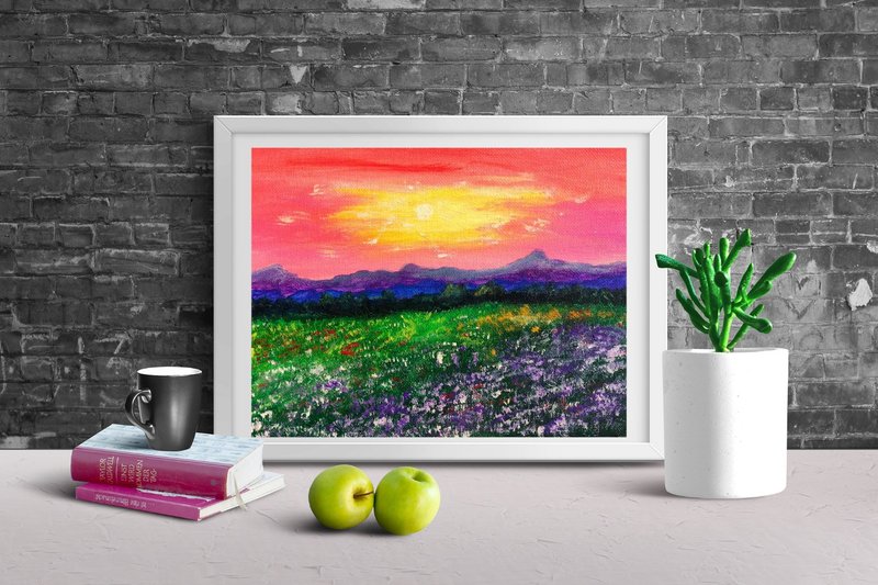 風景 オリジナルアクリル画 山と野草のイメージ 小さなアート - ウォールデコ・壁紙 - その他の素材 多色