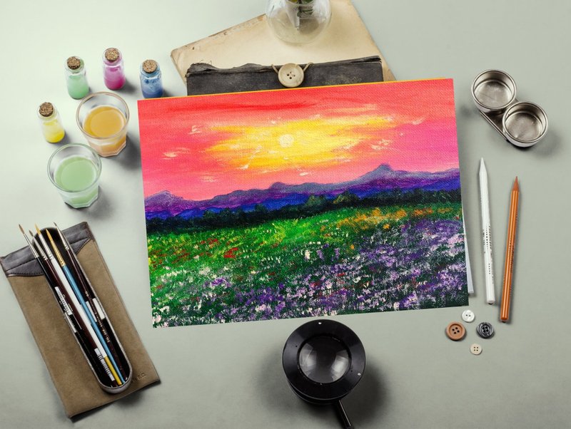 Landscape Original Acrylic Painting Image of mountains and wildflowers Small art - ตกแต่งผนัง - วัสดุอื่นๆ หลากหลายสี