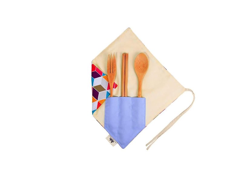 【一角筷套組】- 幾何格子 - 刀/叉/湯匙/餐具組 - 棉．麻 藍色