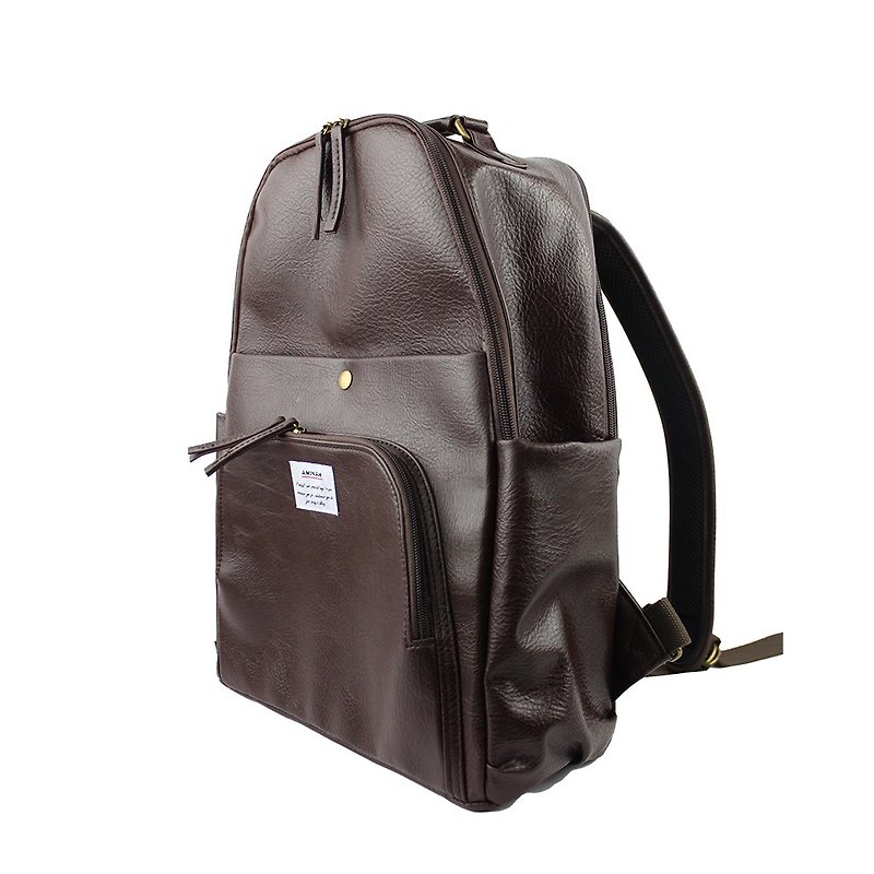 AMINAH-Deep Coffee Multi-layer Backpack【am-0298】 - กระเป๋าเป้สะพายหลัง - หนังเทียม สีนำ้ตาล