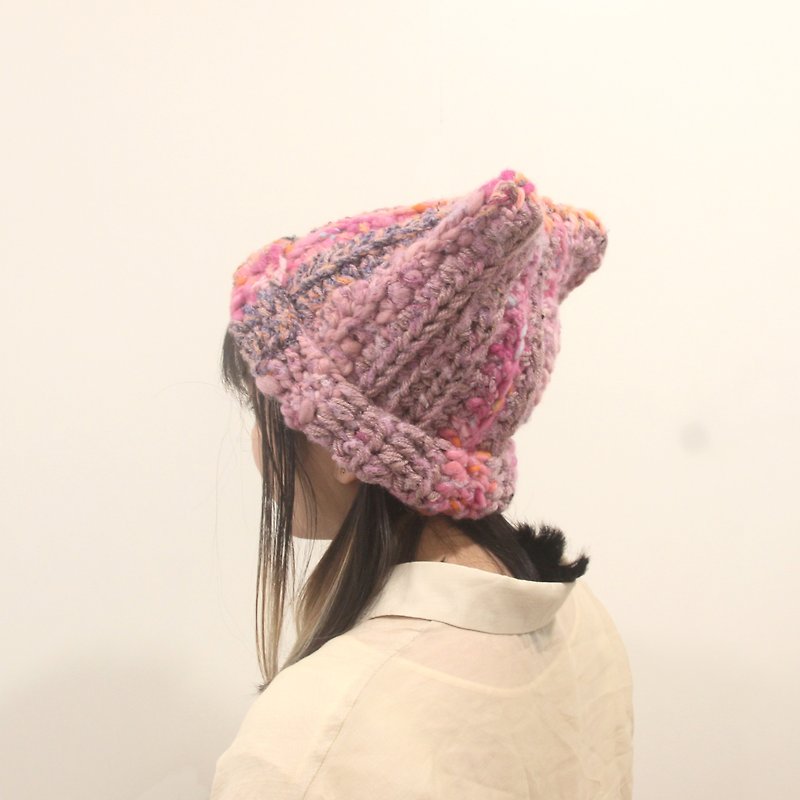 粉紅 編織貓耳毛帽 - 帽子 - 羊毛 