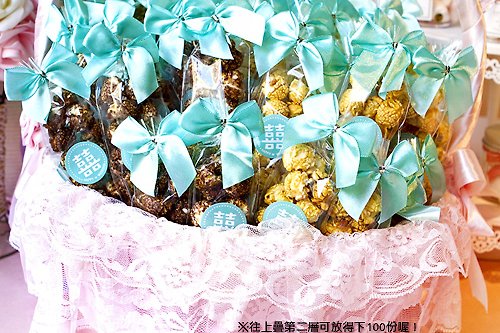 幸福朵朵 婚禮小物 花束禮物 婚禮魔球爆米花(Tiffany囍字款)(焦糖+巧克力)X100份+大提籃X1個