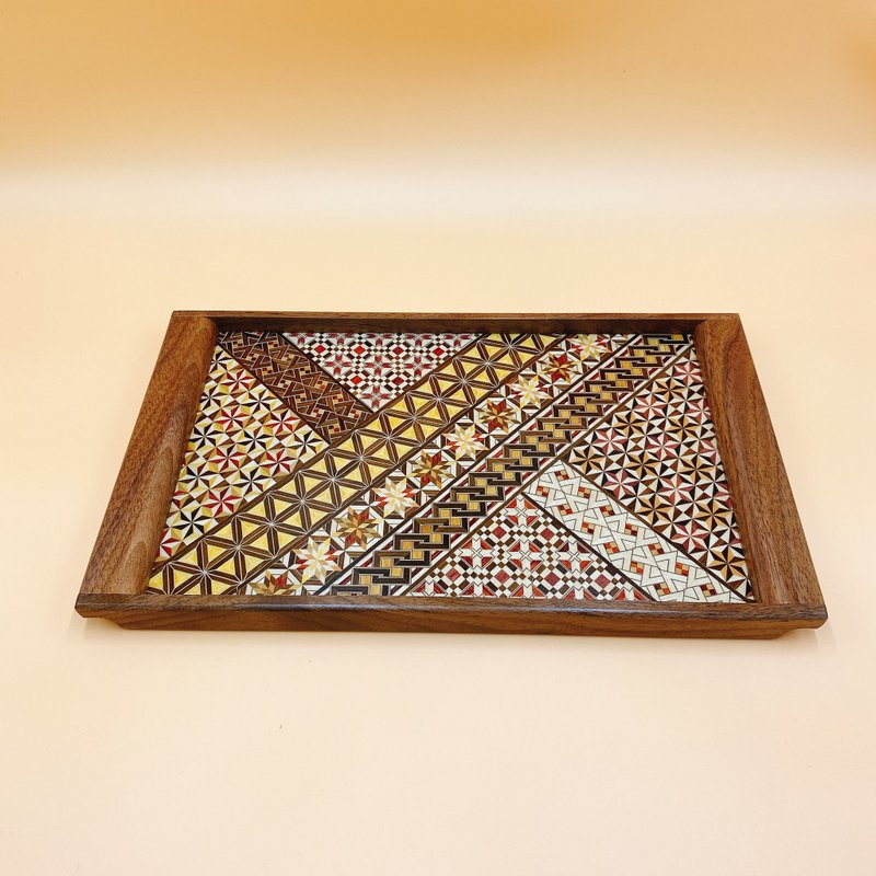 [Hakone Yosegi Marquetry] Japanese crafts long tray tea tray snack tray non-slip tray (small) - Serving Trays & Cutting Boards - Wood Brown