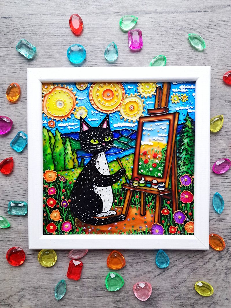 Original painting Black cat artist easel bright landscape starry sky Pet lover - Wall Décor - Glass White