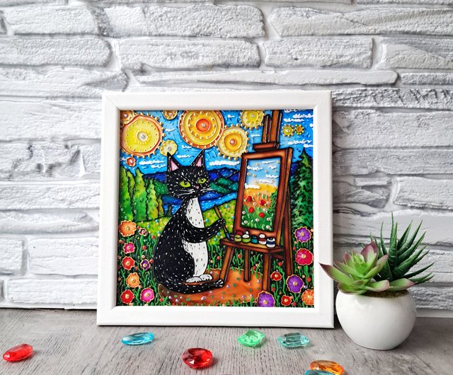 オリジナル絵画黒猫アーティストイーゼル明るい風景星空ペット愛好家
