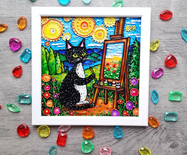 オリジナル絵画黒猫アーティストイーゼル明るい風景星空ペット愛好家