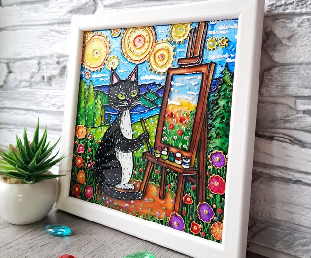 オリジナル絵画黒猫アーティストイーゼル明るい風景星空ペット